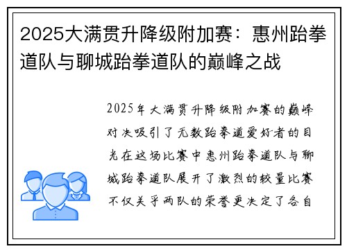 2025大满贯升降级附加赛：惠州跆拳道队与聊城跆拳道队的巅峰之战