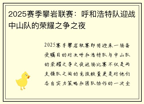 2025赛季攀岩联赛：呼和浩特队迎战中山队的荣耀之争之夜