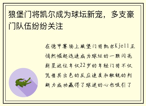 狼堡门将凯尔成为球坛新宠，多支豪门队伍纷纷关注