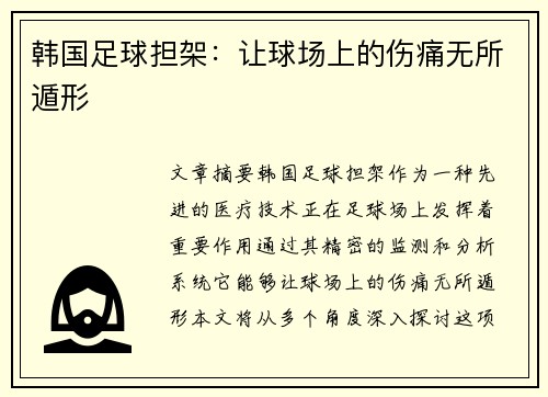 韩国足球担架：让球场上的伤痛无所遁形